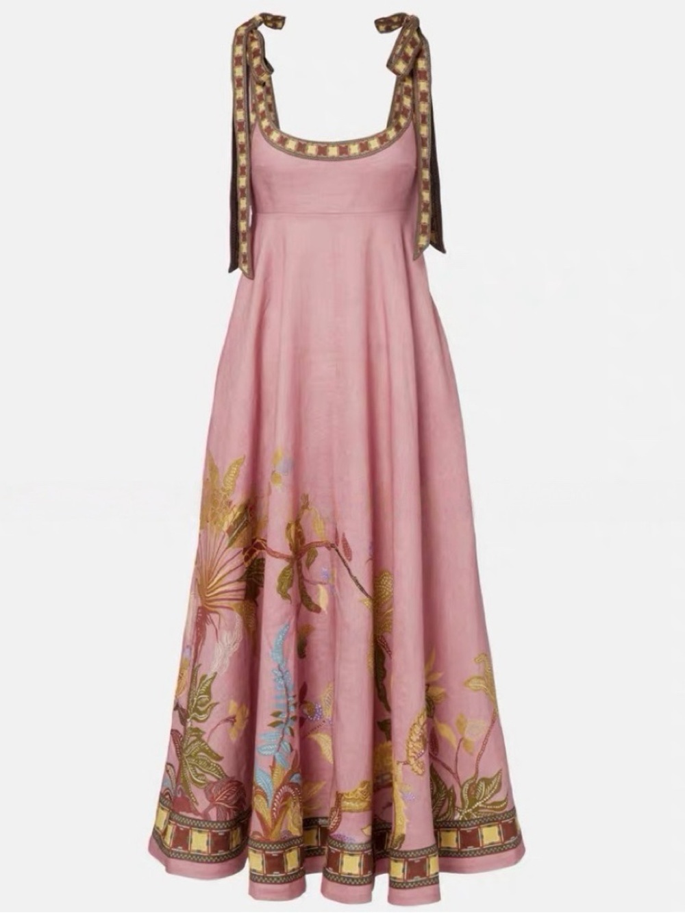Designer-style Pink Floral Tie-Shoulder Maxi Dress